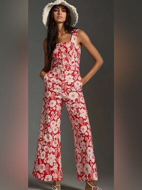 Maeve Anthropologie /The Portside Button-Front Jumpsuit Red Floral Wide-Leg Jump
